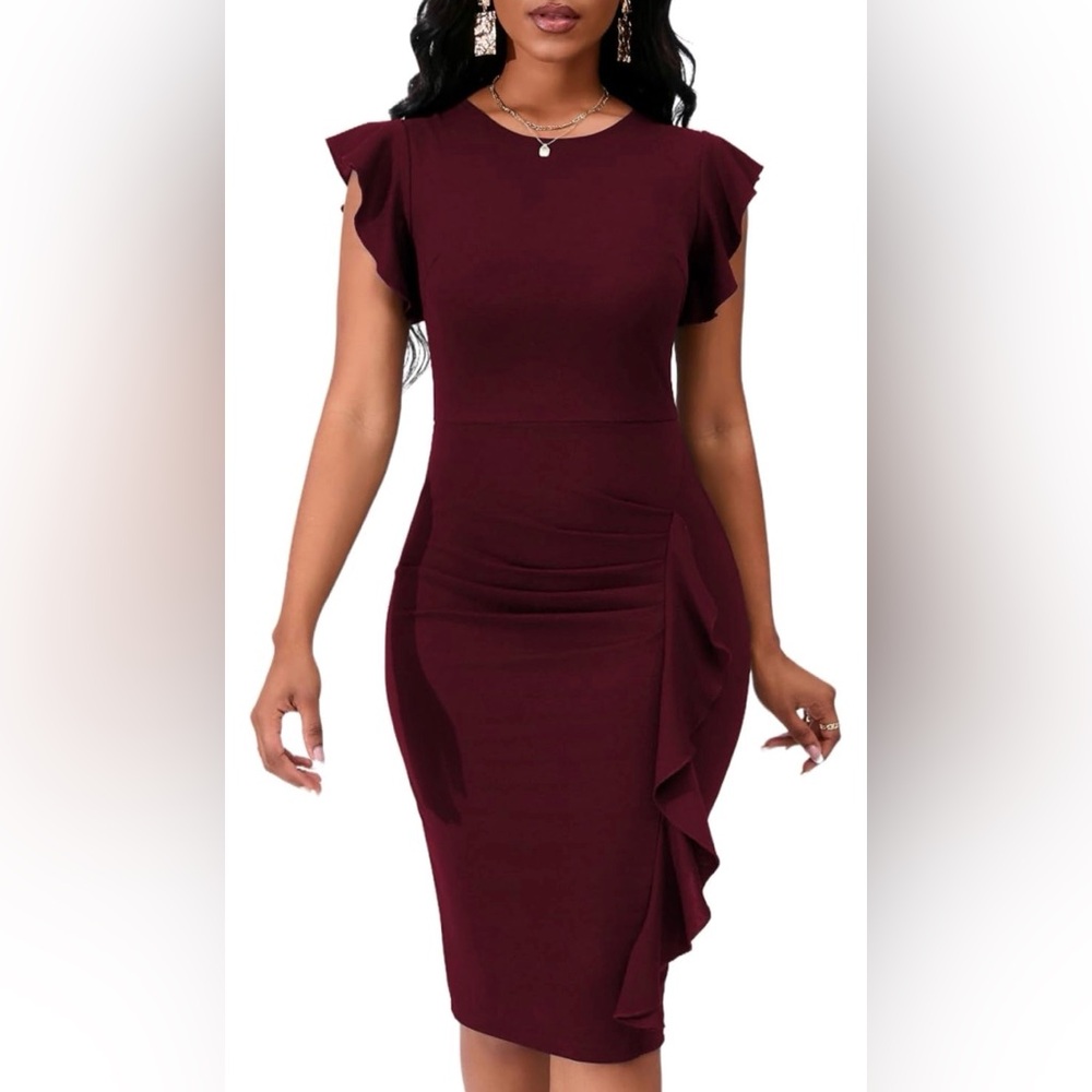 Flutter Sleeve Bodycon Midi Crew Neck Knit Ruffle Cocktail Party Sz‎ XL New #7
